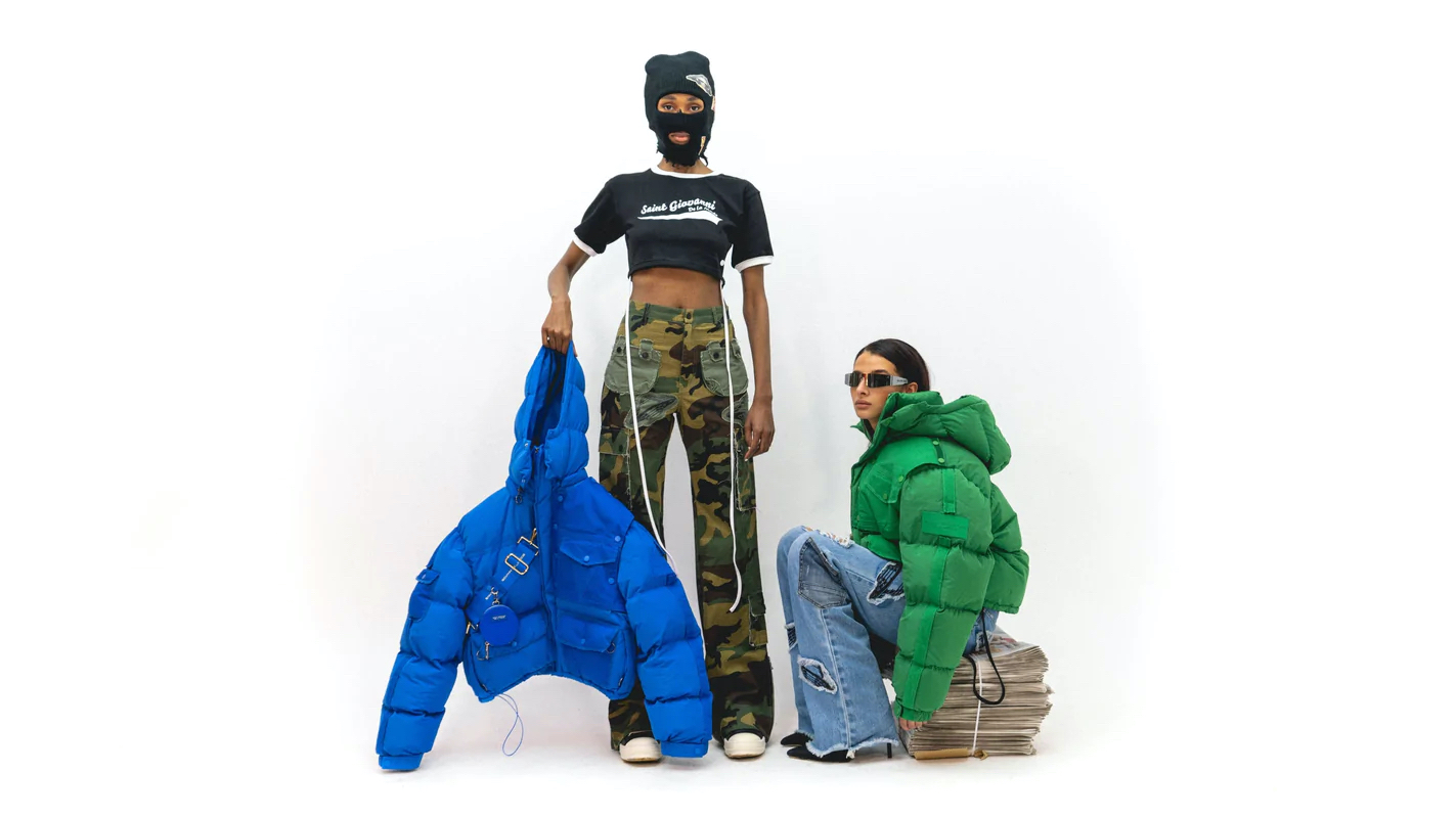 Picture of two models wearing the new green and blue Saint Giovanni Astronaut Cropped Down Jackets