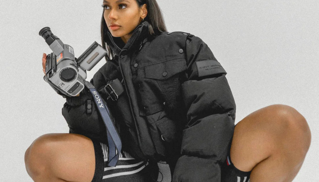 Picture of model wearing the new black Saint Giovanni Astronaut Cropped Down Jacket